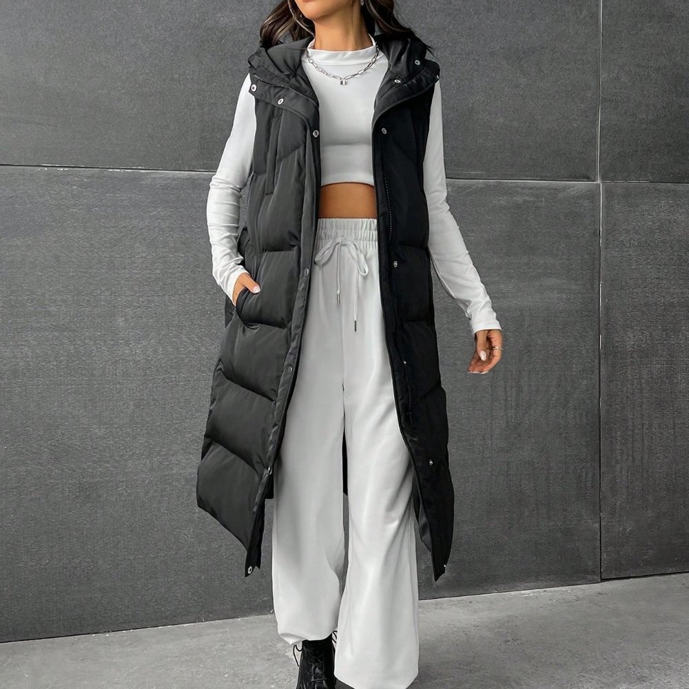 Black Preppy Womens Zip Up Snap Button Drawstring Hooded Puffer Vest Coat - Picture 6 of 6